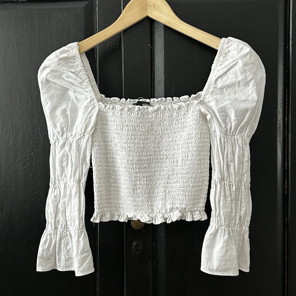 Aqua Milkmaid Top Size XS White Smocked Renfair Coquette Whimsy Cottagecore